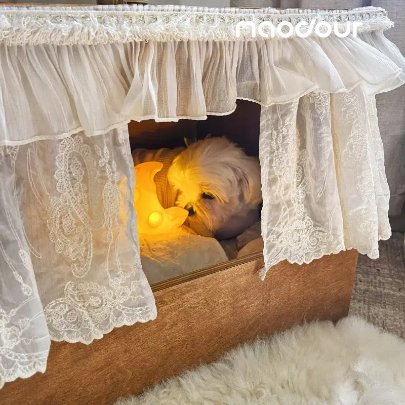 handmade wooden dog bed customizable - Curtained Lift-Top Wooden Pet House